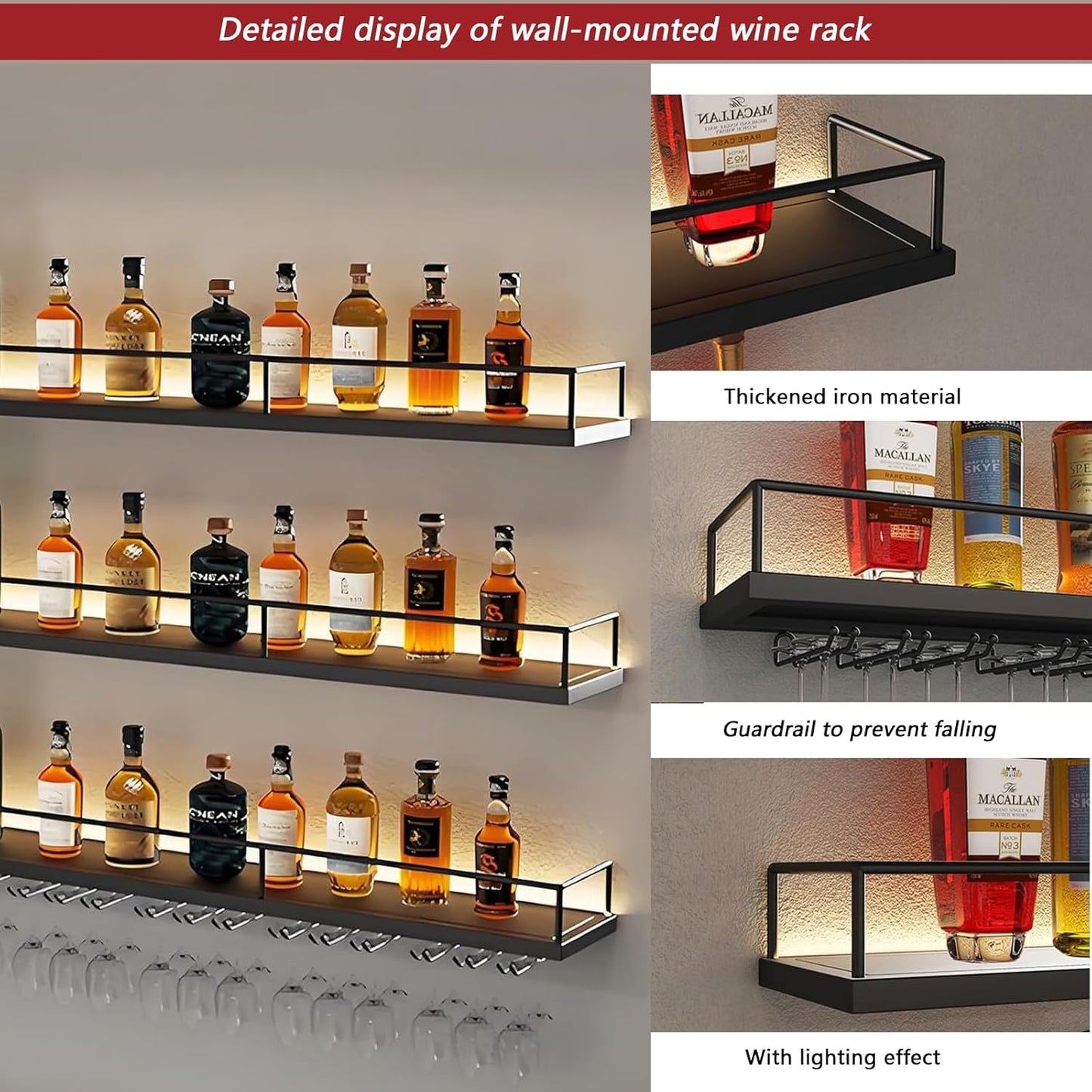 78.7in Wall-Mounted Metal Wine Rack with LED Lights 3-Tier Floating Bar Shelves with Wine Glass Rack Large Wine Bottle Display Rack Hanging Shelf, for Home Bar Decorative (Black, 200cm/78.7in)