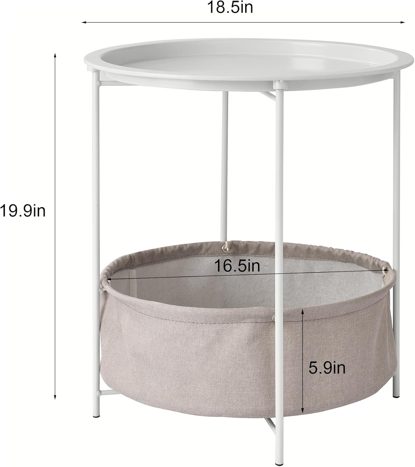VECELO Round Side/End Table with Fabric Storage Basket，Metal Anti-Rust and Waterproof Small Bedside Nightstand with Removable Tray Top for Living Room，Balcony & Laundry，Beige/2pcs with Basket