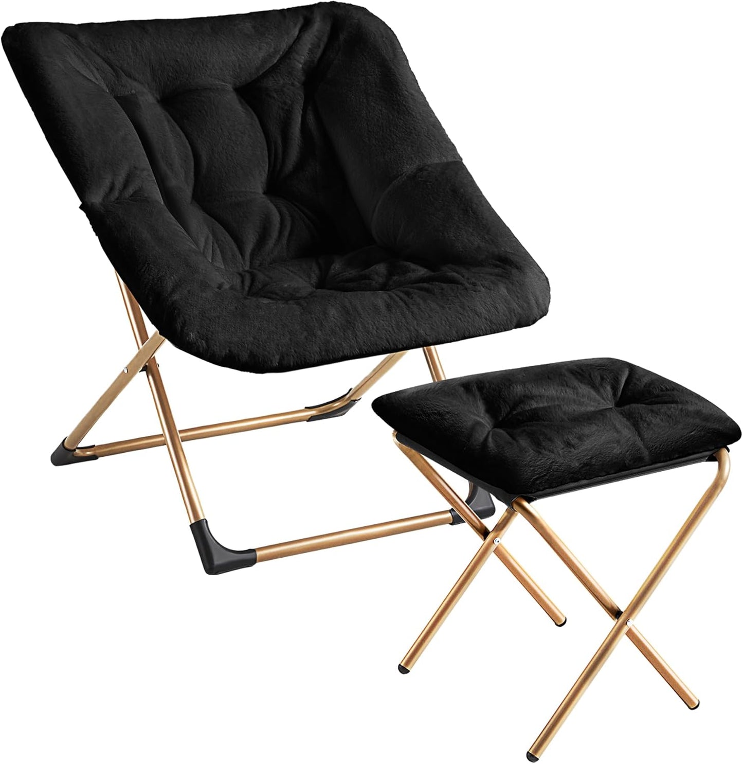 Comfy Oversized Saucer Chair with Ottoman,Soft Faux Fur Reading Lounge Chair for Adults,Stable X-Large Metal Frame and Non-Slip Pad,Cozy Chair for Bedroom, Living Room, Dorm, Office, Black