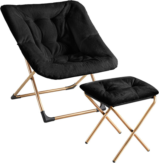 Comfy Oversized Saucer Chair with Ottoman,Soft Faux Fur Reading Lounge Chair for Adults,Stable X-Large Metal Frame and Non-Slip Pad,Cozy Chair for Bedroom, Living Room, Dorm, Office, Black