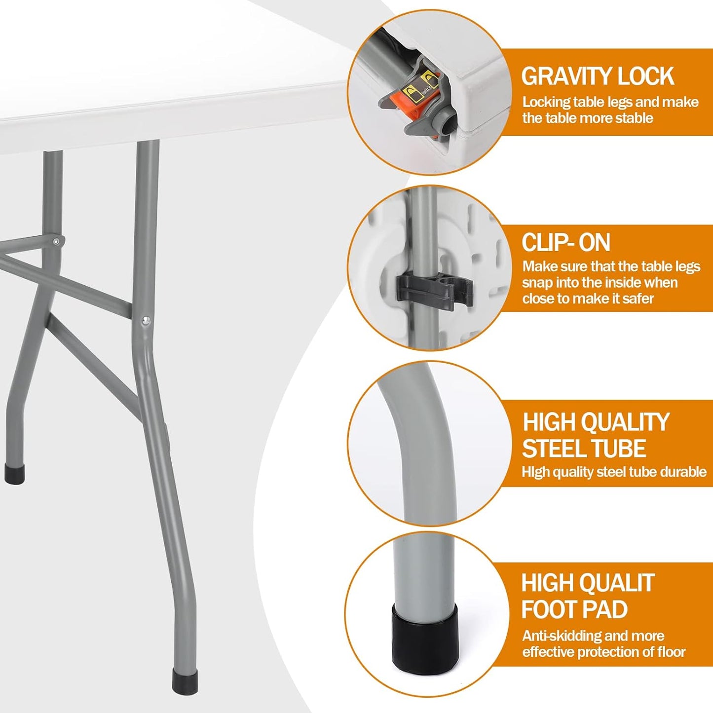 Folding Table 6ft Plastic Folding Table Indoor & Outdoor for Picnic, Camping,BBQ and Party, with Powder Coated Steel Legs and Built in Carry Handle, White