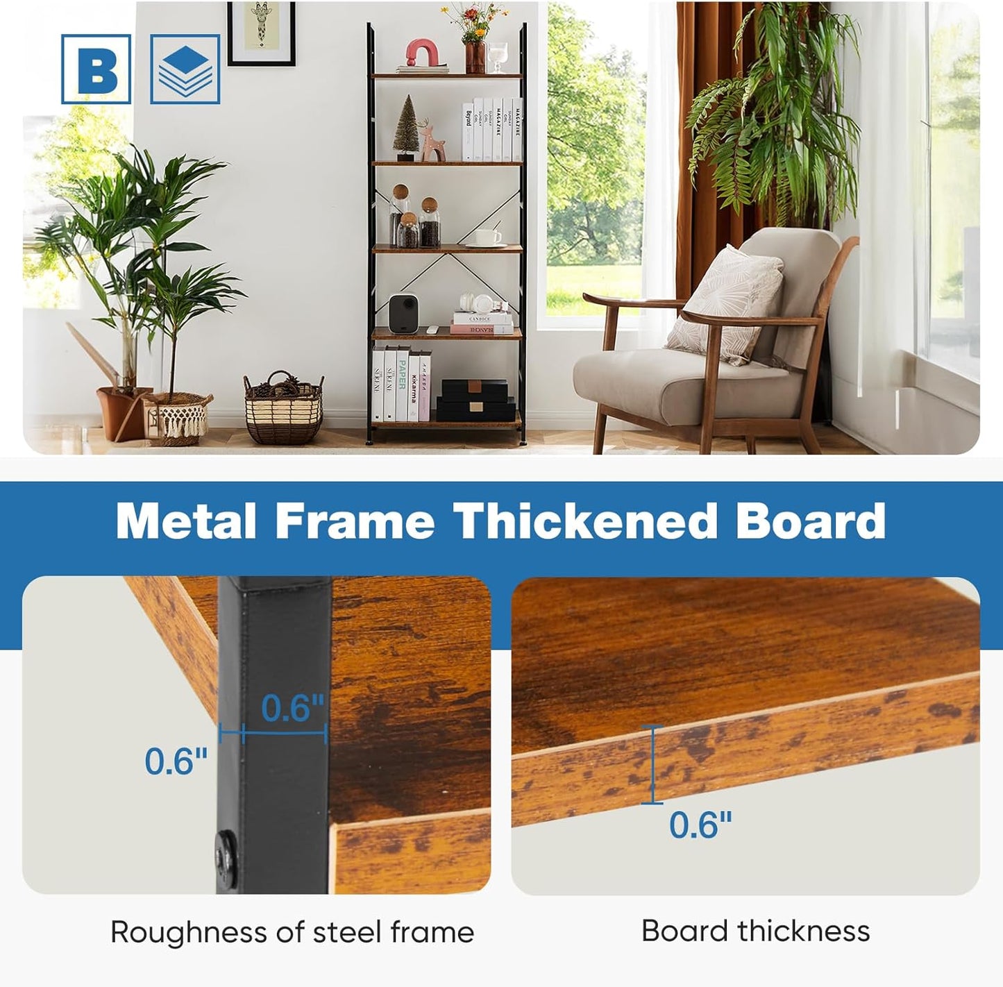 DUMOS 5 Tiers Bookshelf, Classical Modern Book Shelf, Tall Display Shelves in Living Room/Home/Office, Storage Organizer for CDs/Books/Movies, Rustic Brown