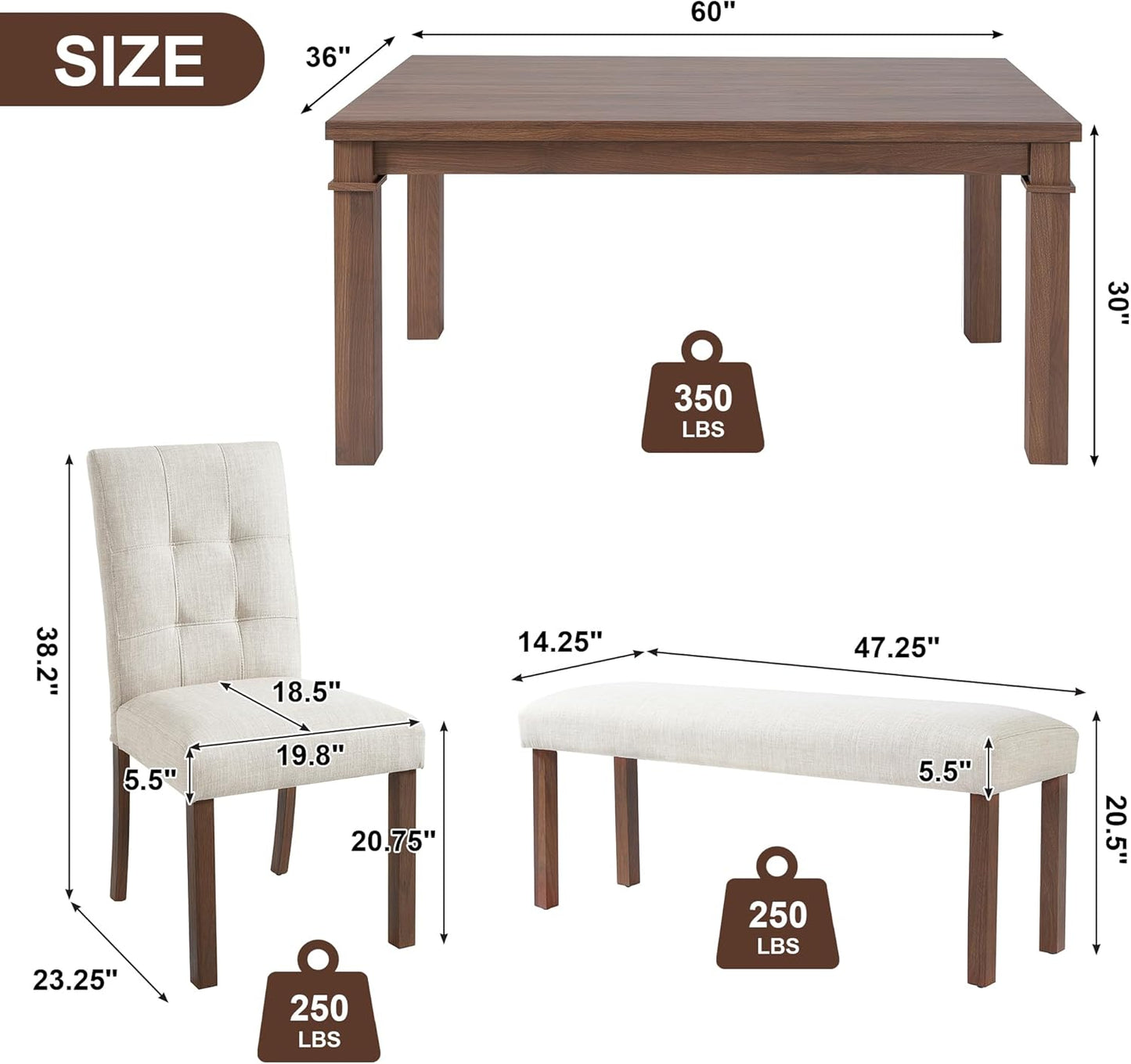Ball & Cast Dining Table Set for 6 W/Bench & 4 Upholstered Chairs,6 Piece Dining Set W/ 60" Rectangle Kitchen Table & Anti-Scratch Pads,Table and Chairs Set for Living Room,Dining Room,Walnut