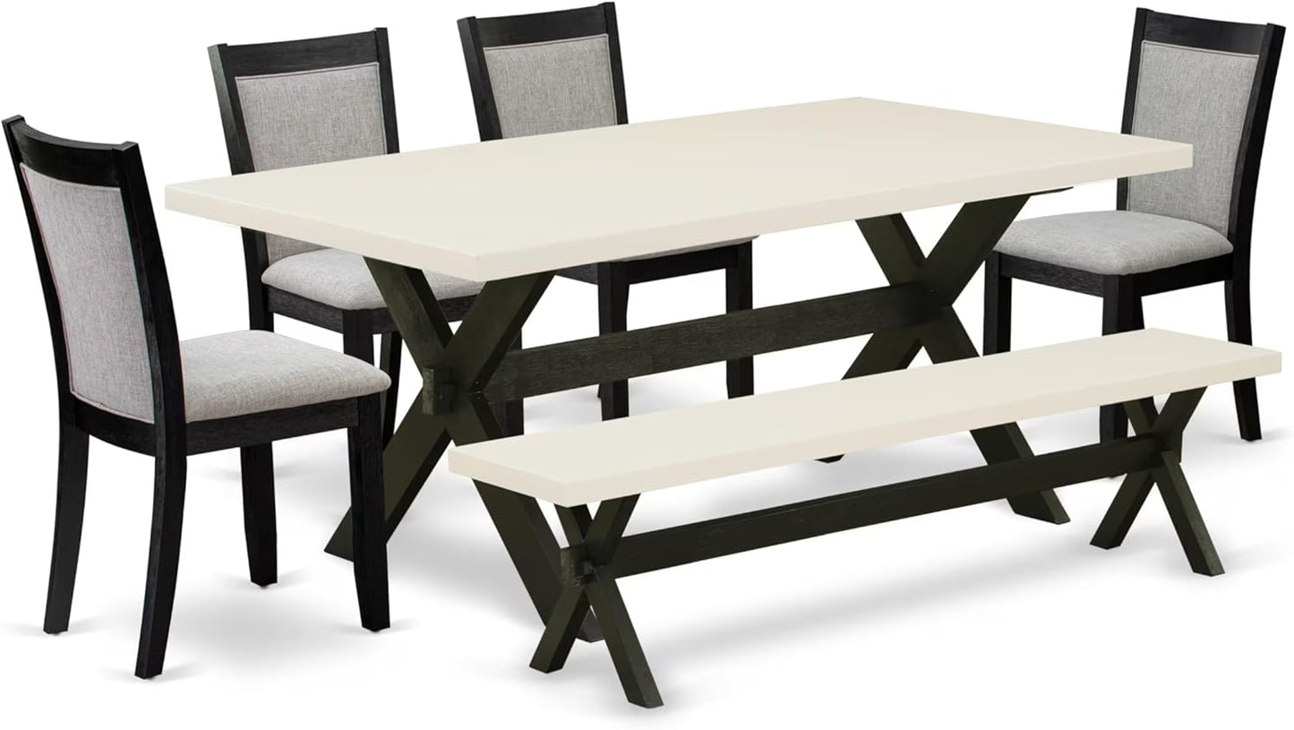 East West Furniture X627MZ606-6 6 Piece Dining Table Set Contains a Rectangle Dining Room Table with X-Legs and 4 Shitake Linen Fabric Parson Chairs with a Bench, 40x72 Inch, Multi-Color