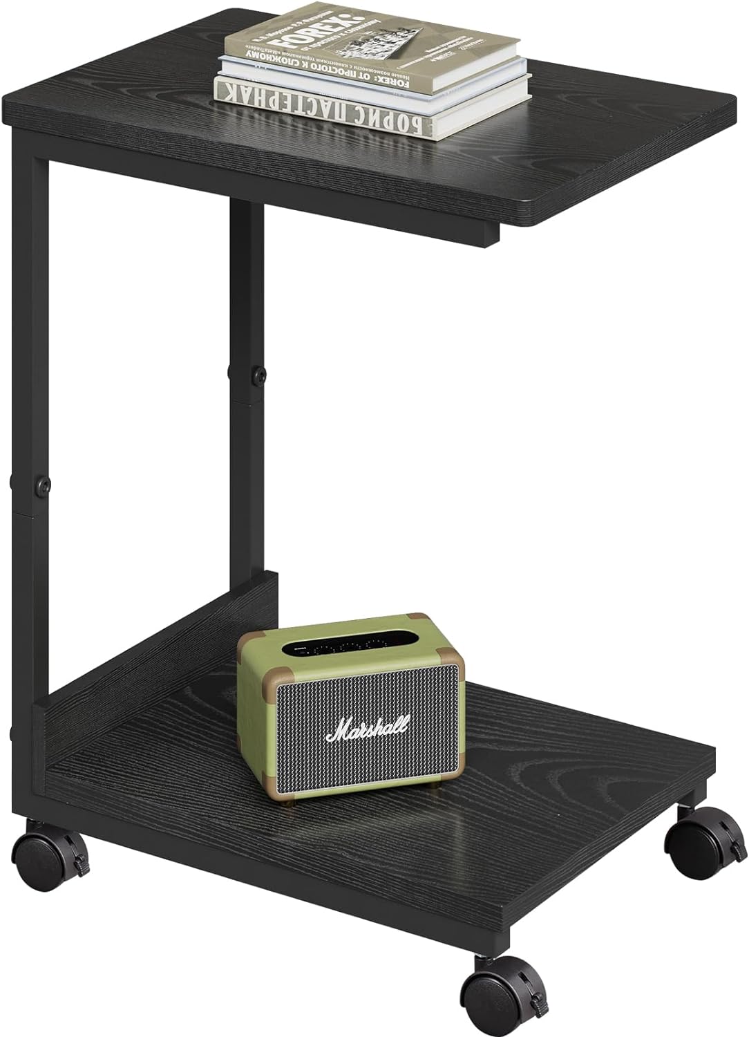 Side Table,C Table with 2-Tier Storage Shelf, End Table with Metal Frame, Sofa Table with Wheels for Living Room, Bedroom, Office, Bathroom, Easy Assembly, Black