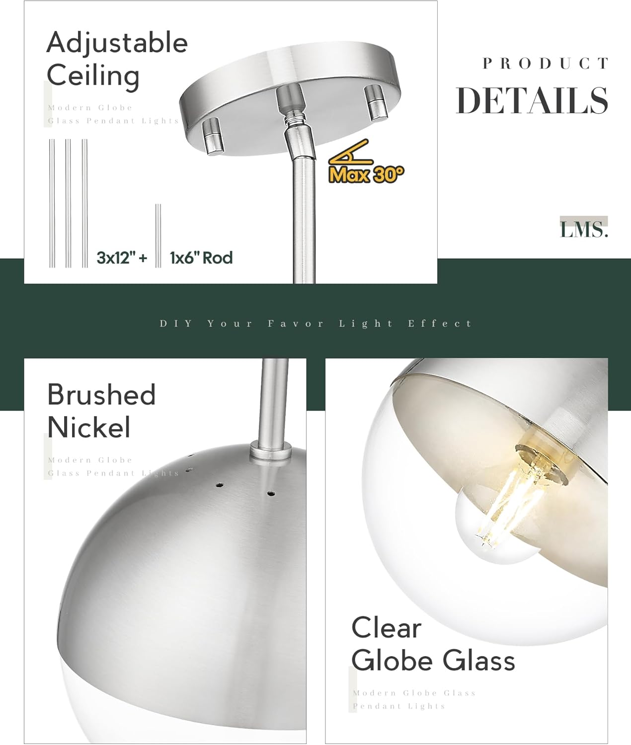 LMS Modern 1-Light Pendant Light Fixtures, Brushed Nickel Kitchen Island Pendant Light Fixtures with Clear Globe Glass, Adjustable Hanging Rod Ceiling Light for Dining Room Bathroom, LMS-186BNC