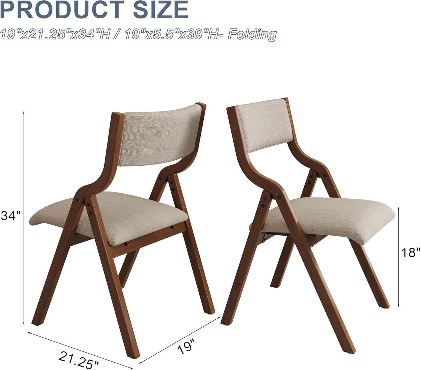 Folding Dining Chairs Set of 2, Upholstered Kitchen Chair with Padded Seat & Backrest, Modern Side-Chair with Wood Legs for Home Office Living Room,No Assembly Needed,Cream Taupe+ Walnut