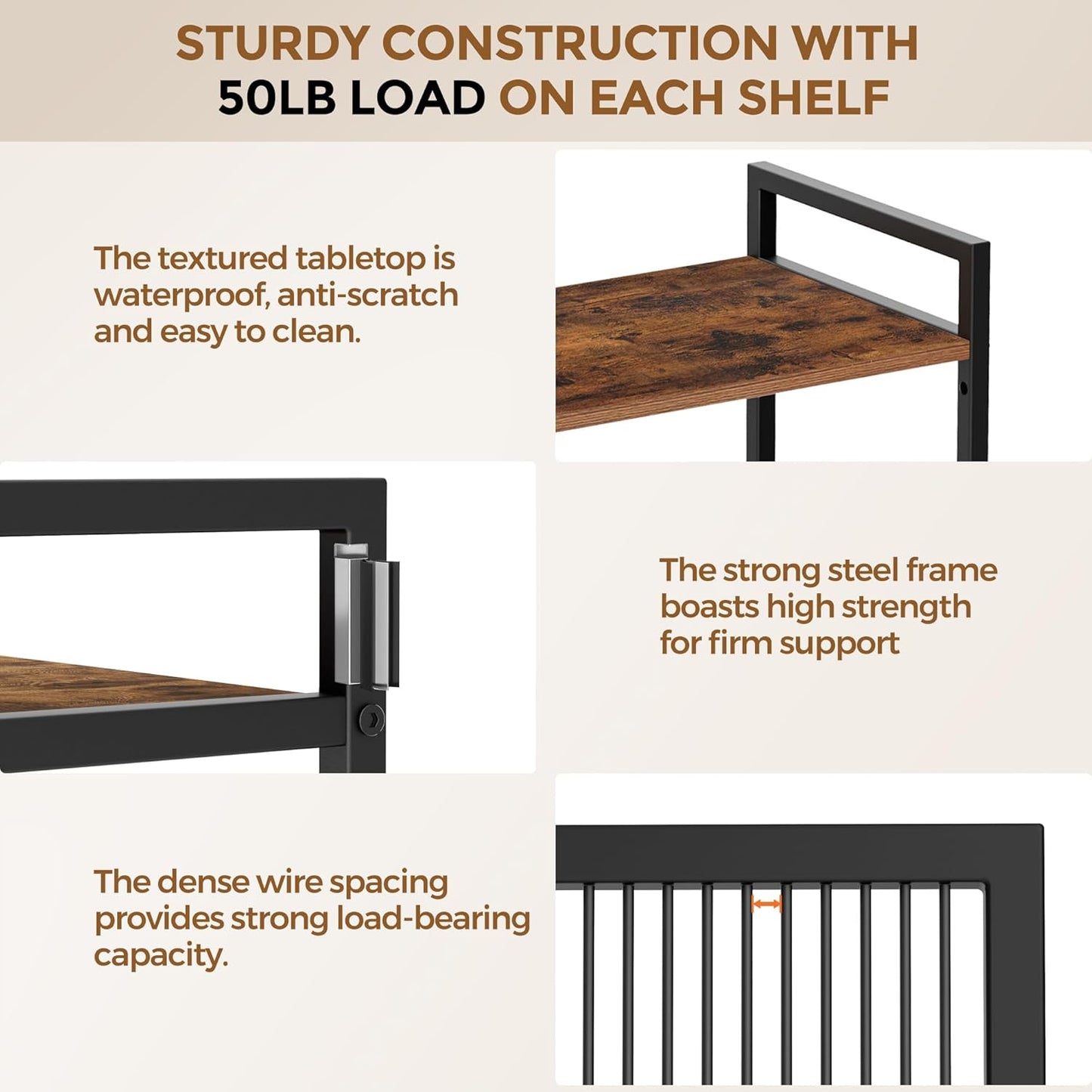 3-Tier Metal Storage Rack with Industrial Wheels,Mesh Shelving Unit with Wooden Table top,Adjustable Shelf,16.9-Inch Width,for Kitchen,Laundry,Pantry,Plant,Black