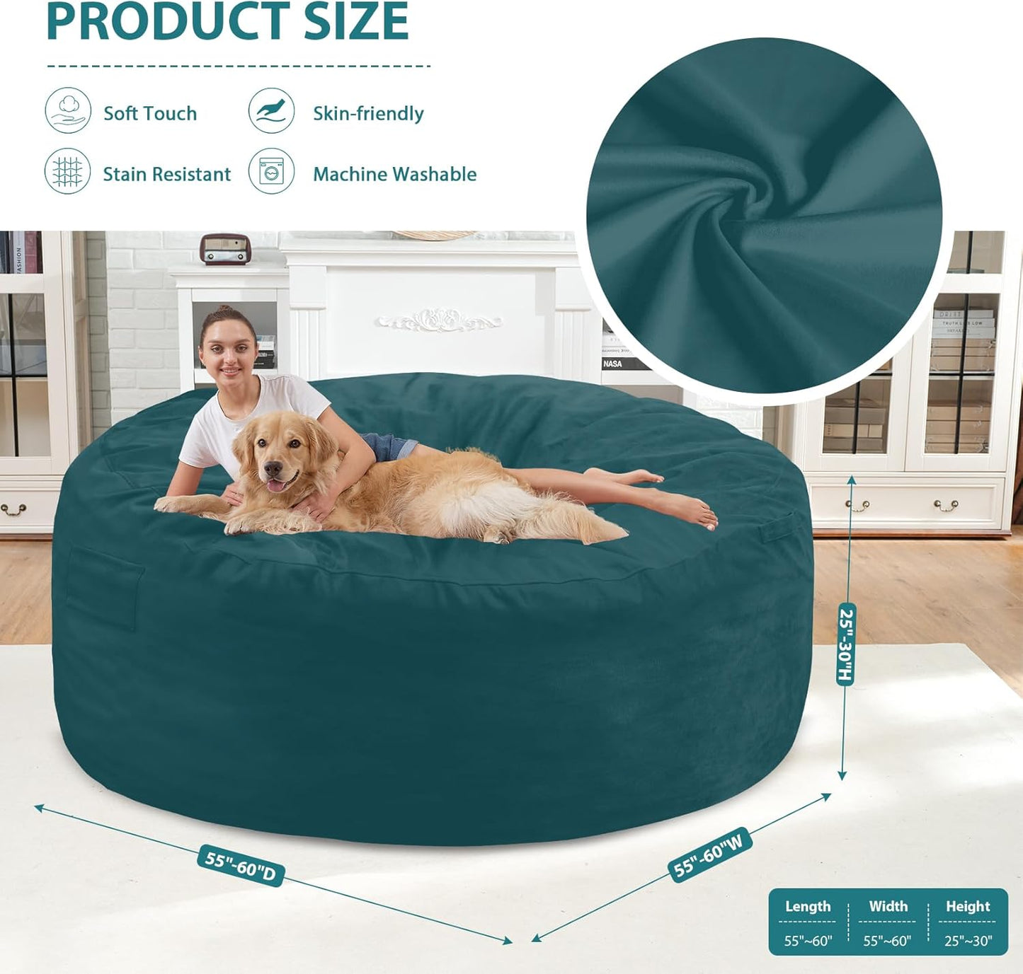 6FT Bean Bag Chair, Large Bean Bag Chairs with Memory Foam Filled, Fluffy Beanbag Sofa with Dutch Velvet Cover, Round BeanBag Chairs for Living Room, Playroom - Sea Blue