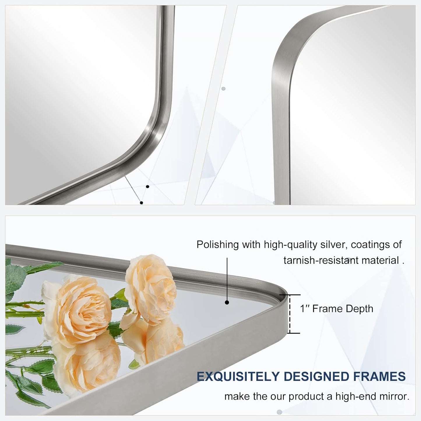 ANDY STAR 36”x48”Brushed Nickel Mirror for Bathroom, Rounded Rectangle Bathroom Mirror, Modern Metal Mirror in Premium Stainless Steel Frame, 1”Deep Set Design Hangs Horizontal Or Vertical