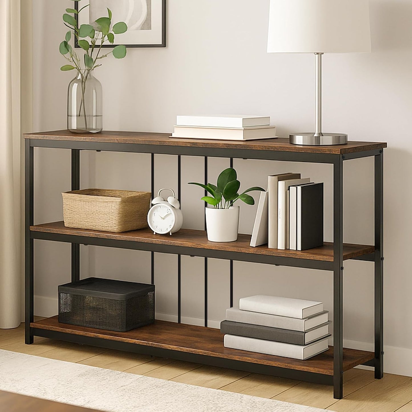 INHABIT UNION Sofa Console Table, Farmhouse Long Entryway Table with Storage and Shelf 3Tier Sofa Table Behind Couch for Living Room,Foyer 47inch,Rustic Brown