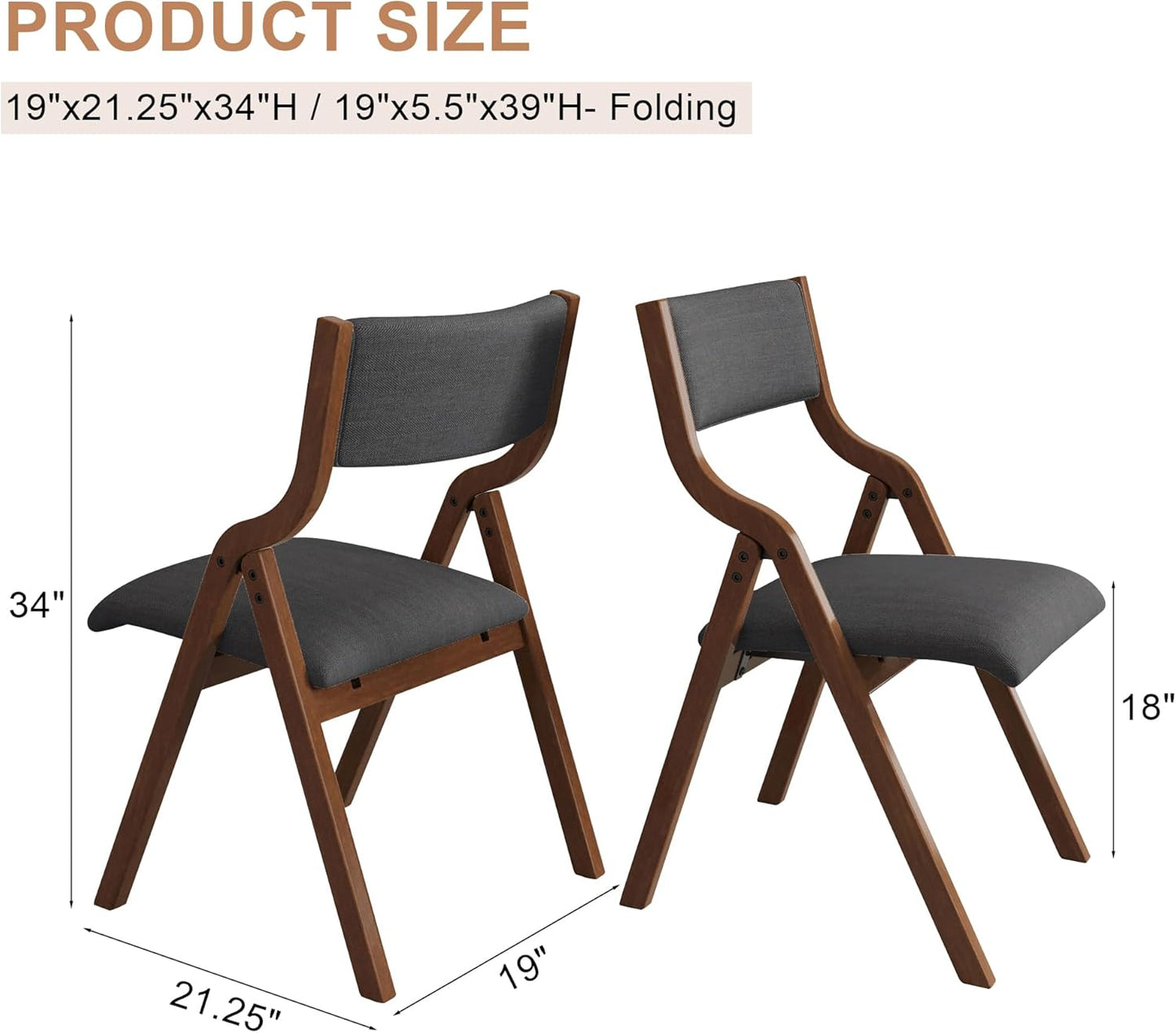 Folding Dining Chairs Set of 2, Upholstered Kitchen Chair with Padded Seat & Backrest, Modern Sidechair with Wood Legs,No Assembly Needed,Dark Grey+Walnut