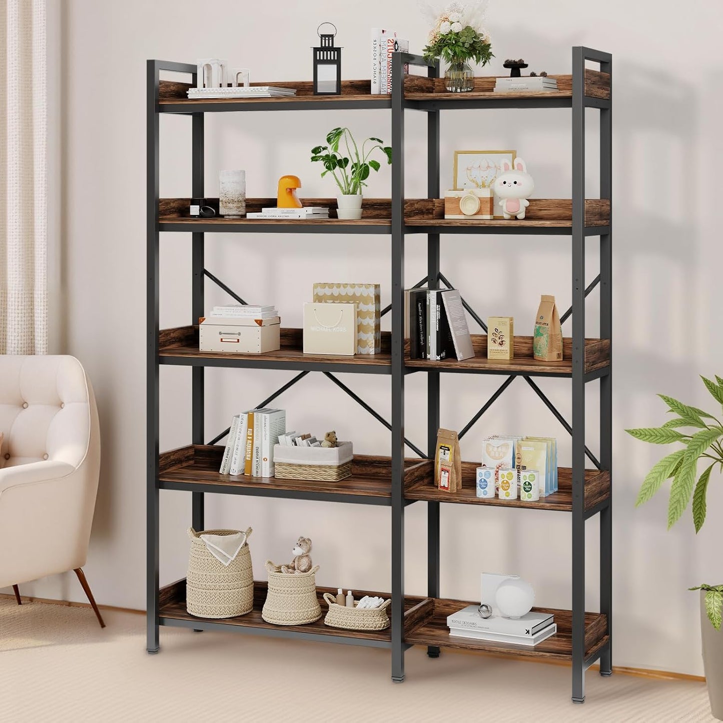 5-Tier Corner Bookshelf - Modern Tall Corner Bookcase with Sturdy Metal Frame, Large Storage L Shaped Bookshelf for Living Room/Home Office/Bedroom, Space-Saving Design, Rustic Brown
