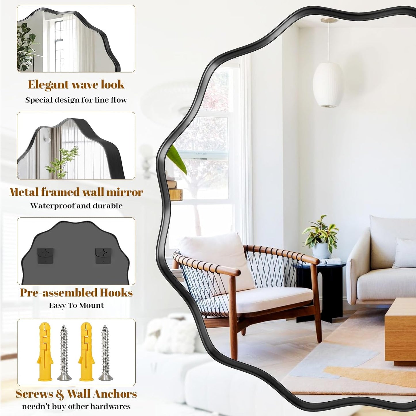 Round Wavy Mirror, 24 Inch Metal Frame Circle Mirror, Round Wall Mounted for Entryway, Bathroom, Vanity, Living Room, Black