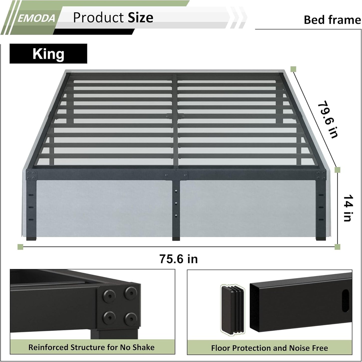 EMODA 14 Inch King Bed Frame with Fabric Cover, Heavy Duty Metal King Platform Bed Frame No Box Spring Needed, Noise Free, Easy Assembly