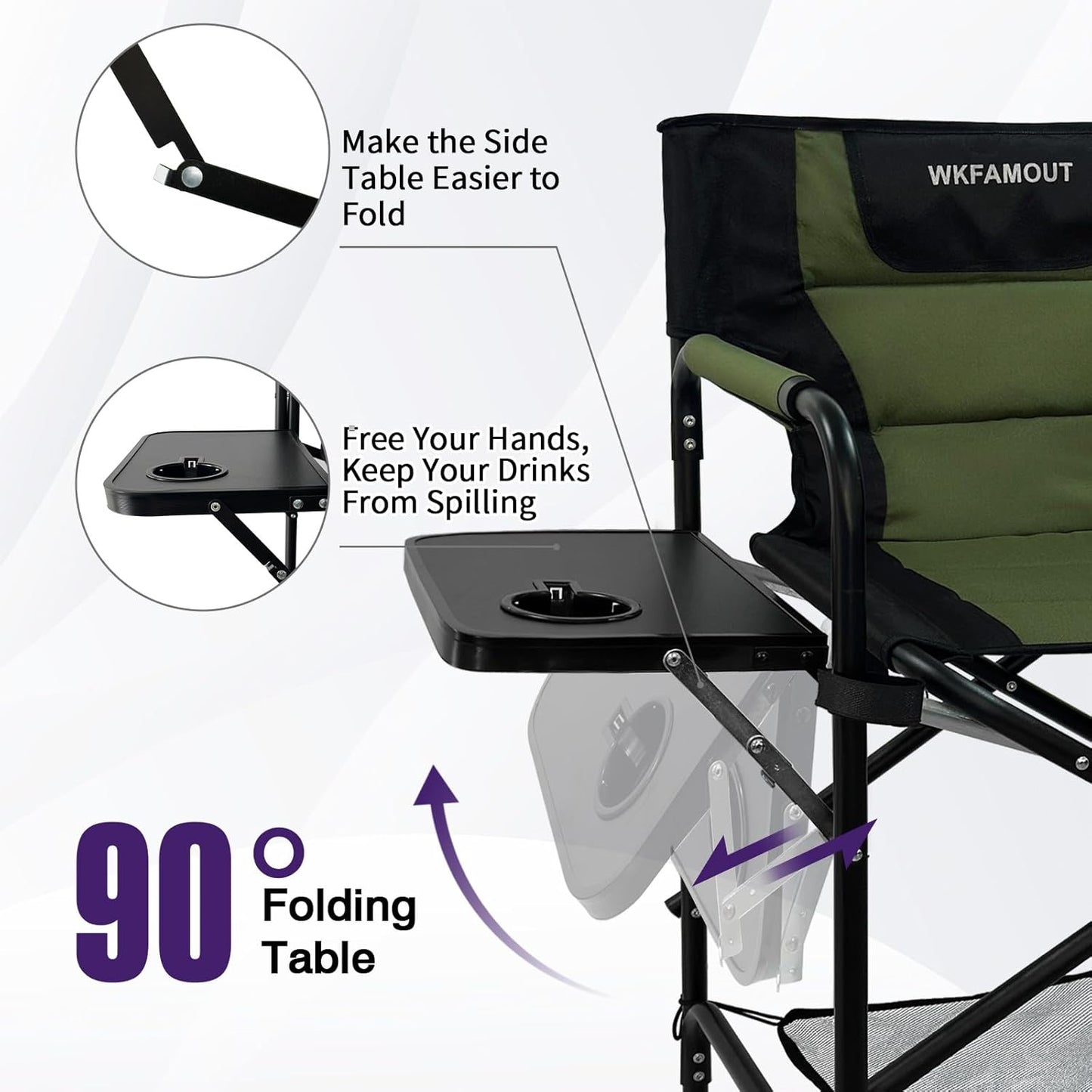 Tall Folding Directors Chair with Side Table 30.71" Seat Height Foldable Camping Chair Bar Stool for Makeup Artist Face Painting with Footrest and Storage Pocket Supports 350LBS