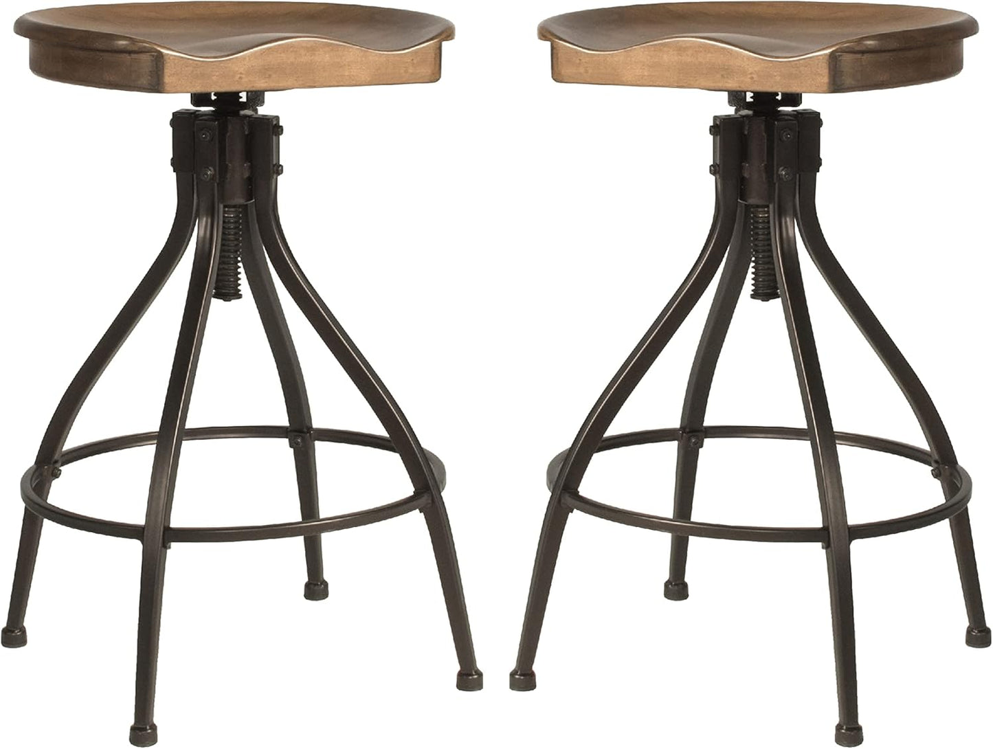 Hillsdale Worland Backless Metal Adjustable Height Stool with Wood Saddle Seat, Set of 2, Brown