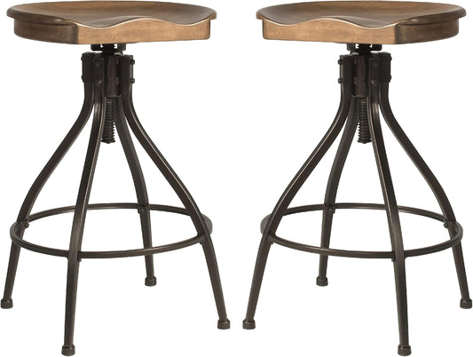 Hillsdale Worland Backless Metal Adjustable Height Stool with Wood Saddle Seat, Set of 2, Brown