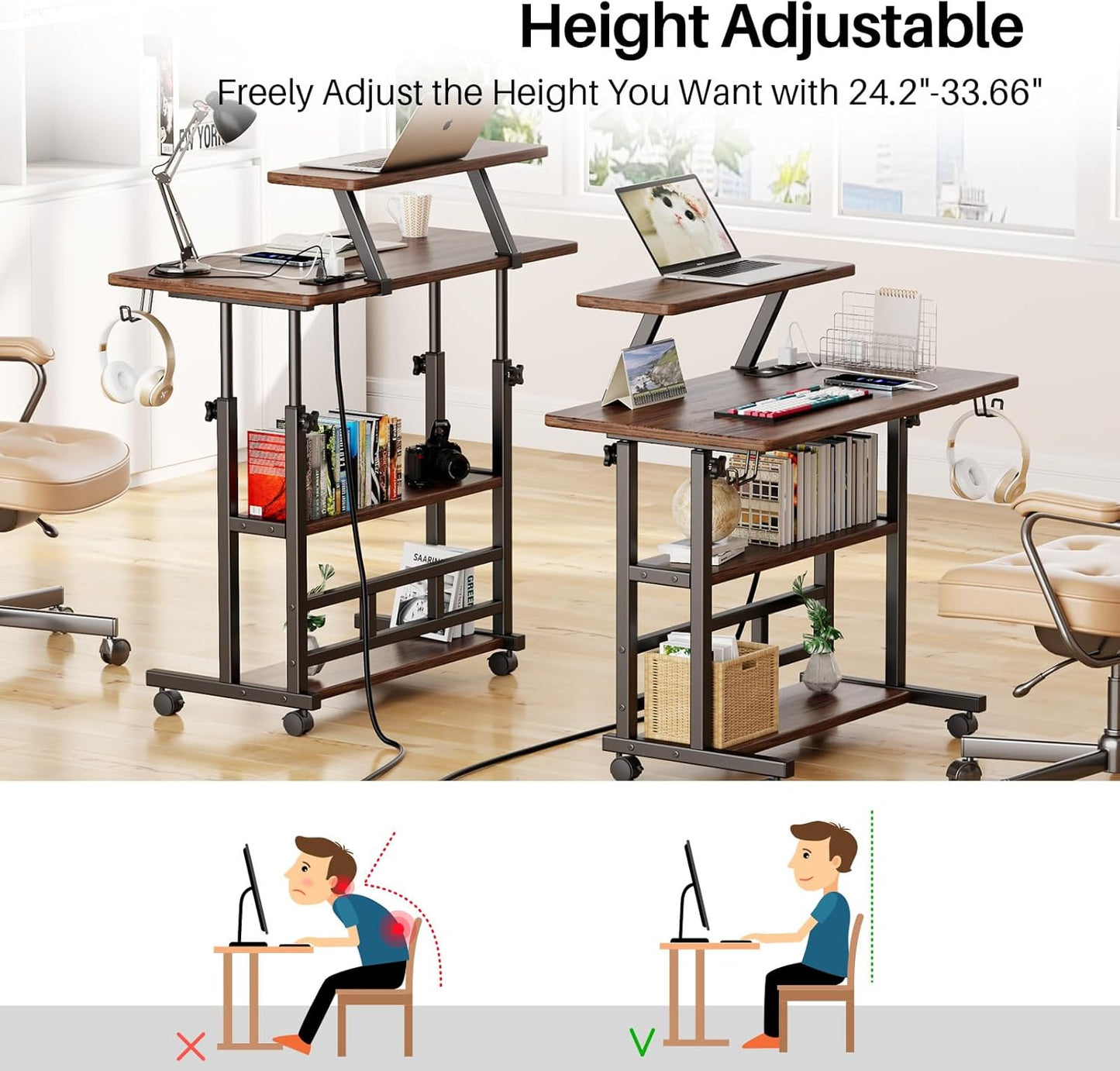 Adjustable Height Standing Desk with Power Outlets, Rolling Stand Up Desk with Monitor Stand and Storage Shelves, 31.5" Small Mobile Computer Desk, Portable Laptop Table (Retro Brown)