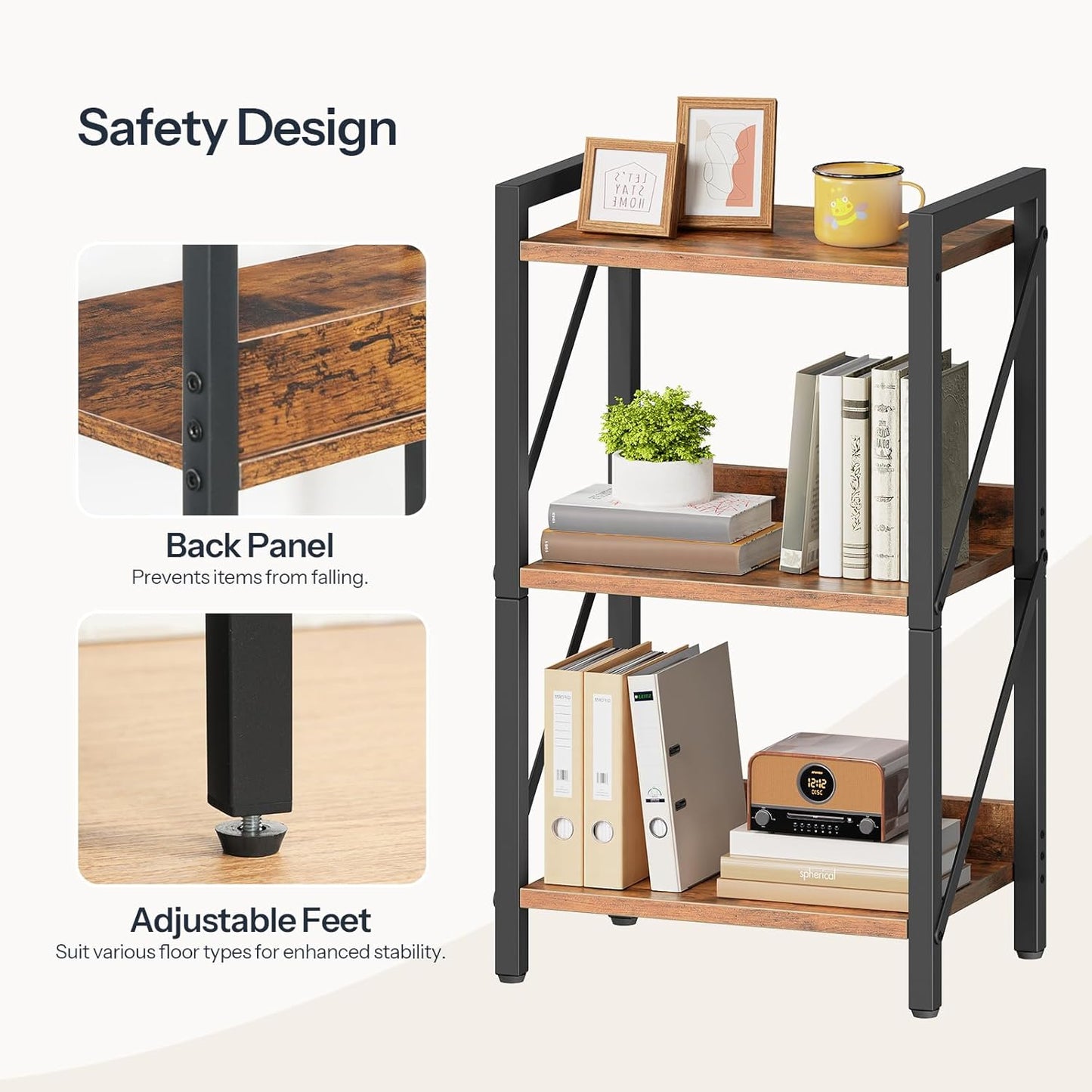 HOOBRO Bookshelf, 3-Tier Industrial Bookcase, Book Shelf Storage Organizer, Small Bookshelf with Metal Frame for Living Room, Bedroom, Home Office, Kitchen, Rustic Brown and Black BF71SJ01