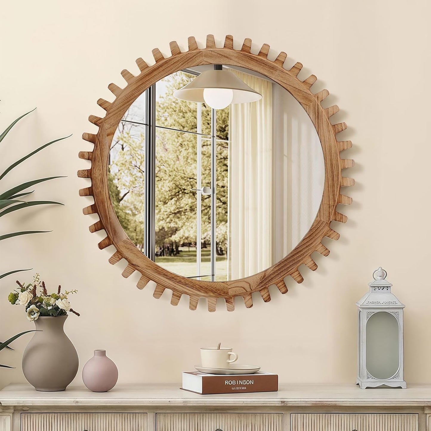 ULIKE Round Wood Mirror, 24 Inch Rustic Farmhouse Circle Mirror with Wooden Frame, Mordern Wall Decor for Bathroom Nursery Bedroom Living Room Entryway, Brown