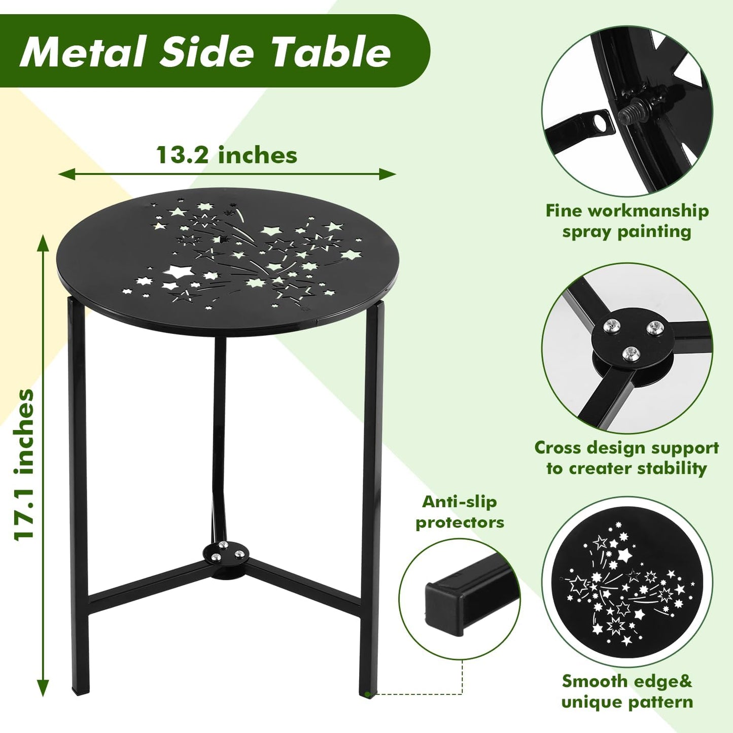 1 Pack 13" Metal Outdoor Side Tables Small Black Outside End Table for Patio Round Accent Corner Stand for Small Spaces Weather-Resistant Coffee Table for Balcony Porch Plant Stand, Starlight Pattern