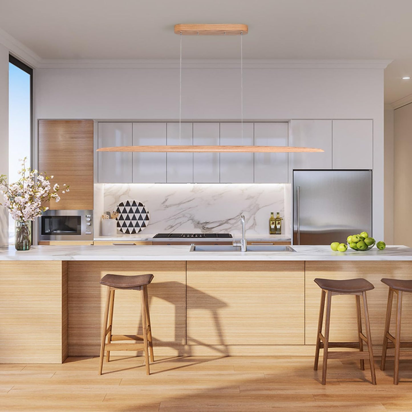 59" 40W Wood LED Linear Pendant Light Fixture Led Dining Room Light Dimmable Hanging Light Fixture for Dining Room Kitchen Island Pool Table Lights Natural Ash