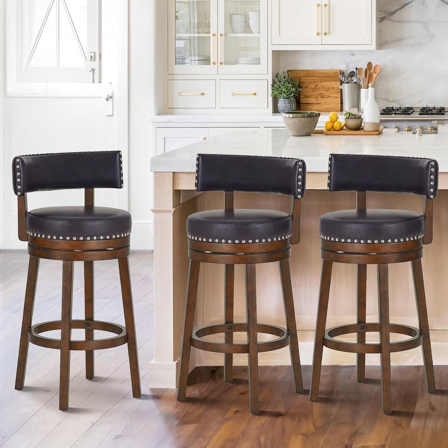 COLAMY Swivel Counter Height Bar Stools Set of 3, 30 Inch Modern Upholstered Kitchen Island Barstools with Back, Wood Swivel Bar Chairs for Counter Bar Dining Room, Dark Brown