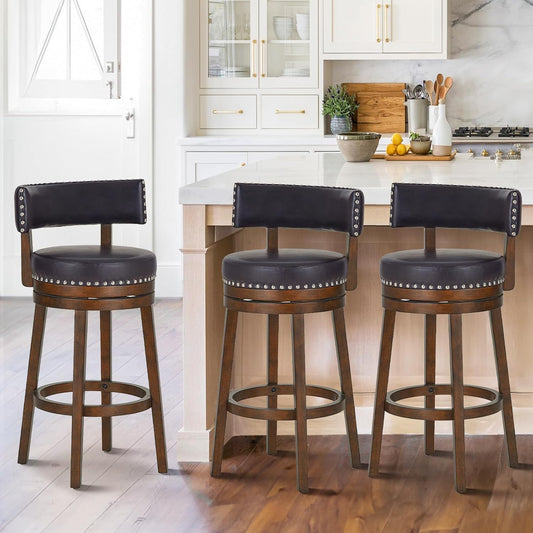 COLAMY Swivel Counter Height Bar Stools Set of 3, 30 Inch Modern Upholstered Kitchen Island Barstools with Back, Wood Swivel Bar Chairs for Counter Bar Dining Room, Dark Brown