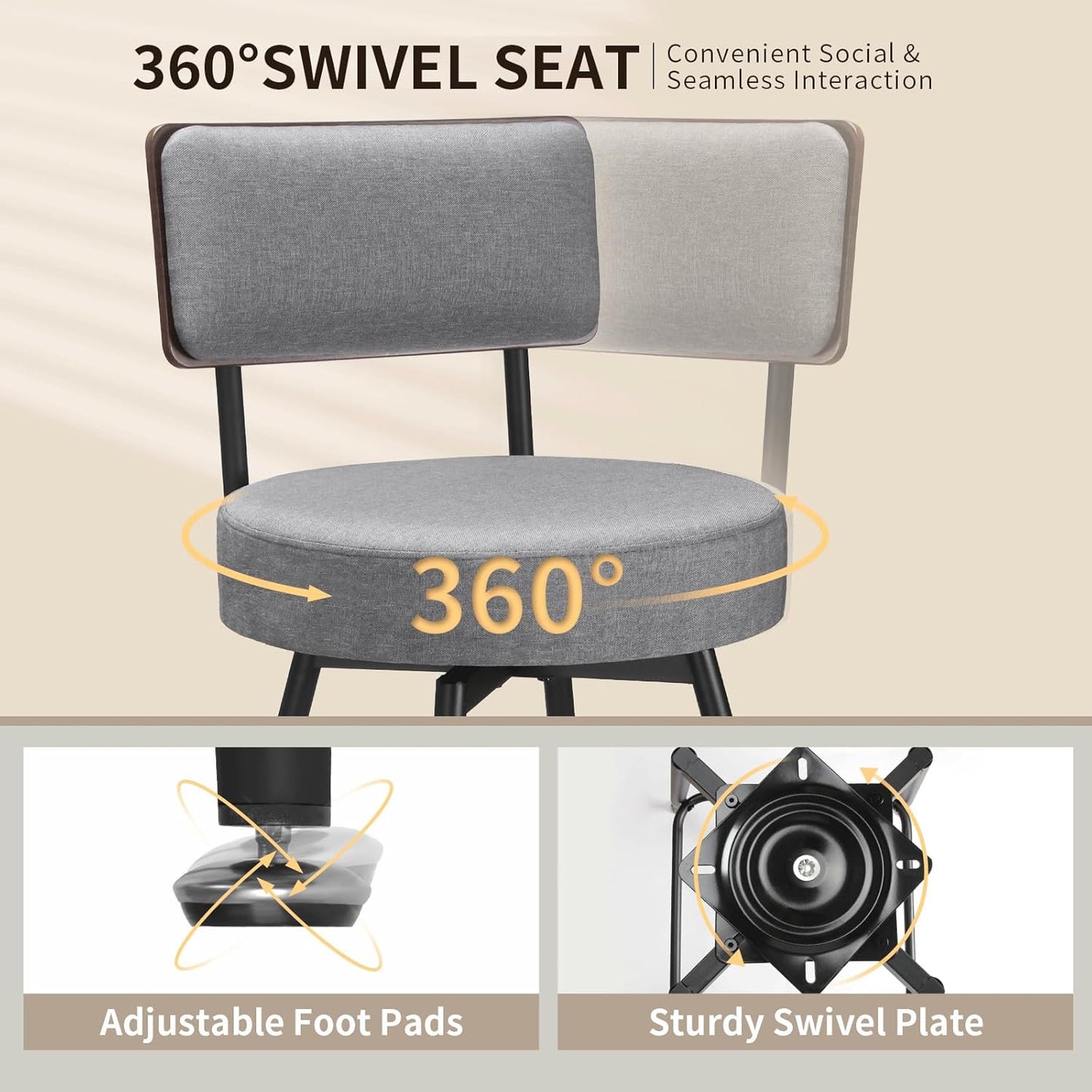 Counter Height Bar Stools, 25" Swivel Bar Stools Set of 2, Round Swivel Bar Chair, Fabric Upholstered Barstools with Metal Leg, Stool for Kitchen Counter Island, Dark Grey