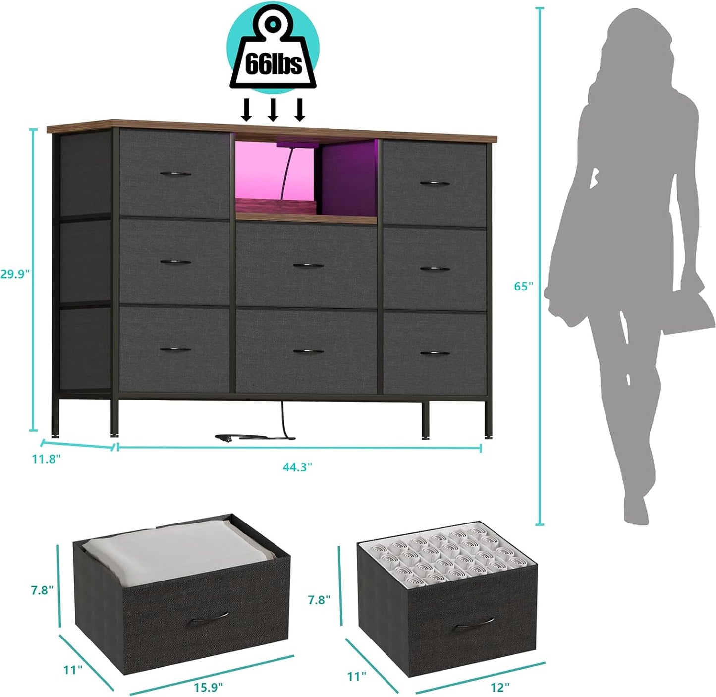 Black Dresser with LED Lights & Power Outlets, Dresser TV Stand with 8 Drawers for 55" TV, Fabric Chest of Drawers for Bedroom, Living Room, Entryway