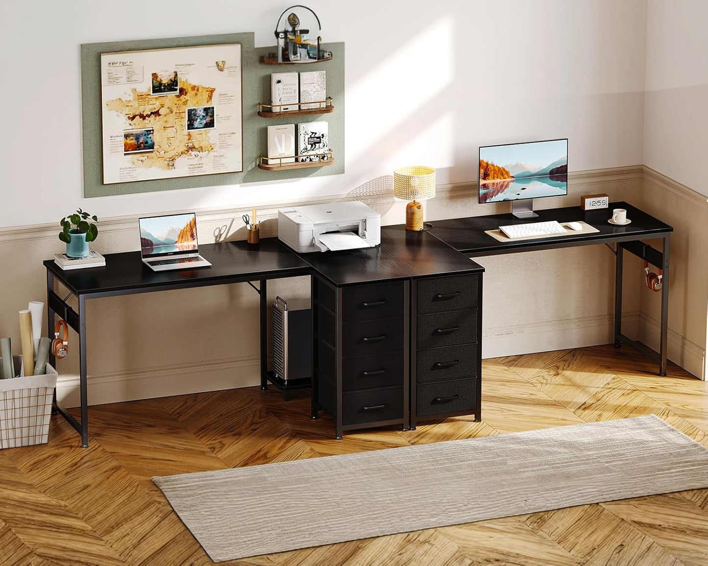 Casaottima L Shaped Desk with 4 Drawers, 47" Corner Computer Desk with Storage, Reversible Kids Study Table with CPU Stand & Hook, Work Table for Home Office, Black