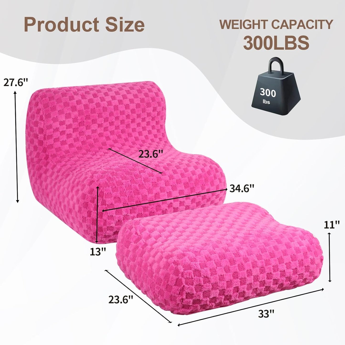 Bean Bag Chair with Footstool, Comfy Reading Sofa Chair for Adults, Modern Floor Sofa for Livingroom, Bedroom, Pink