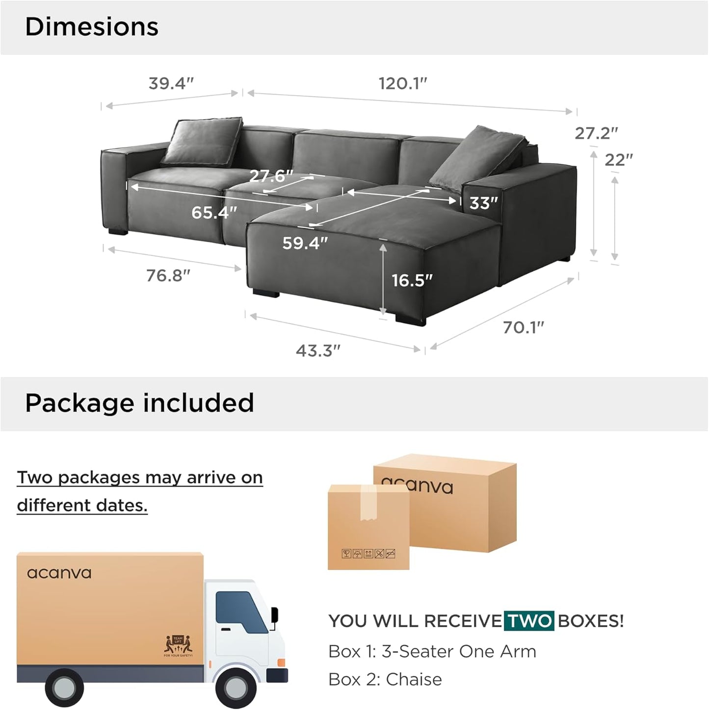 Acanva Modern L-Shaped Deep Sectional Sofa Furniture Set for Living Room Lounge, Minimalist Style Comfy Suedette Upholstery Corner Couch with Chaise, Dark Grey