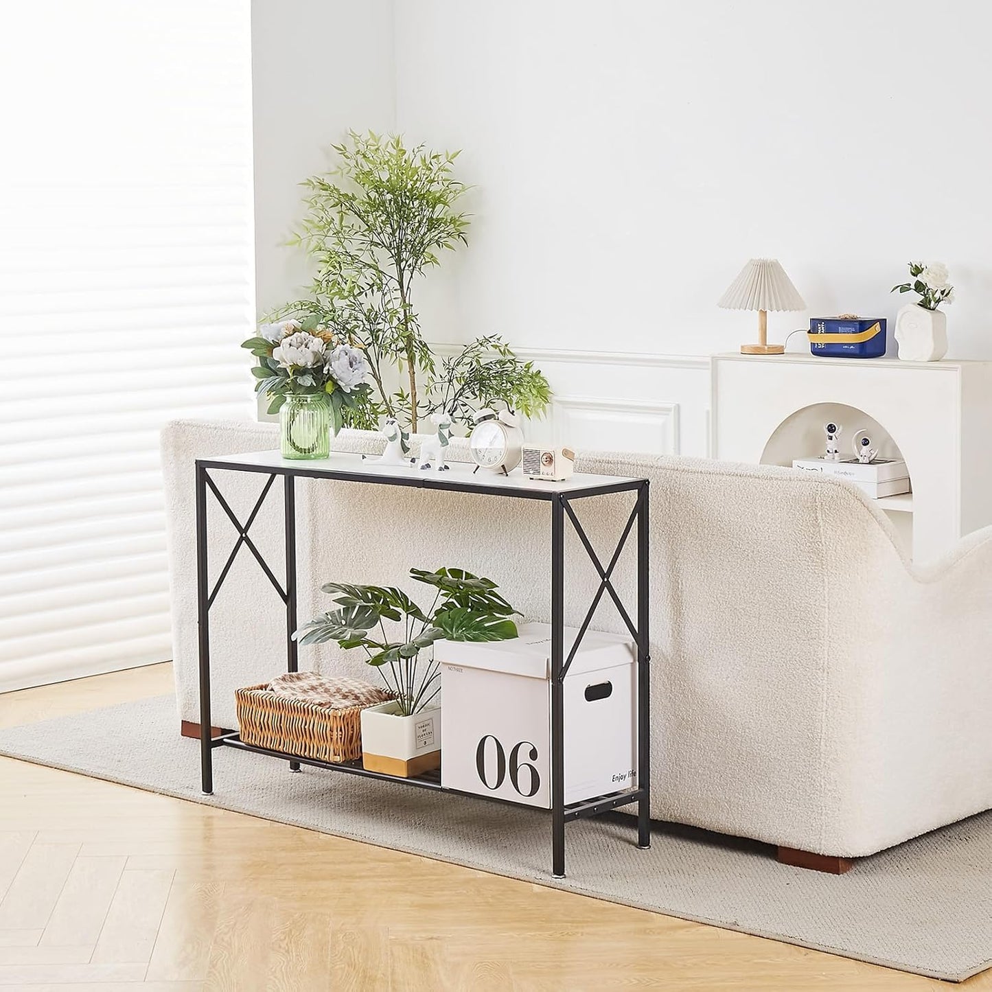Wimarsbon Console Table,Multifunctional Sofa Side Table with Shelves,Behind Couch TV Tables with Metal Frame,Accent Display Stand for Hallway,Entrance (41.9" 2-Layer White Faux Marble + Black Frame)