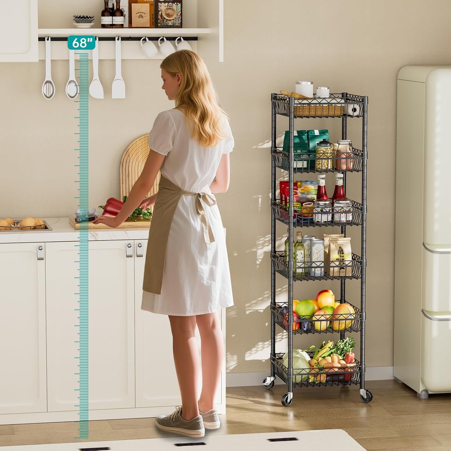 SINGAYE 6 Tier Shelf Wire Rack Shelving with Wheels Metal Storage Shelves Adjustable Closet Bathroom Organizers Baskets Pantry Kitchen Garage Laundry Room 13.5" D x 13.5" W x 63" H Black