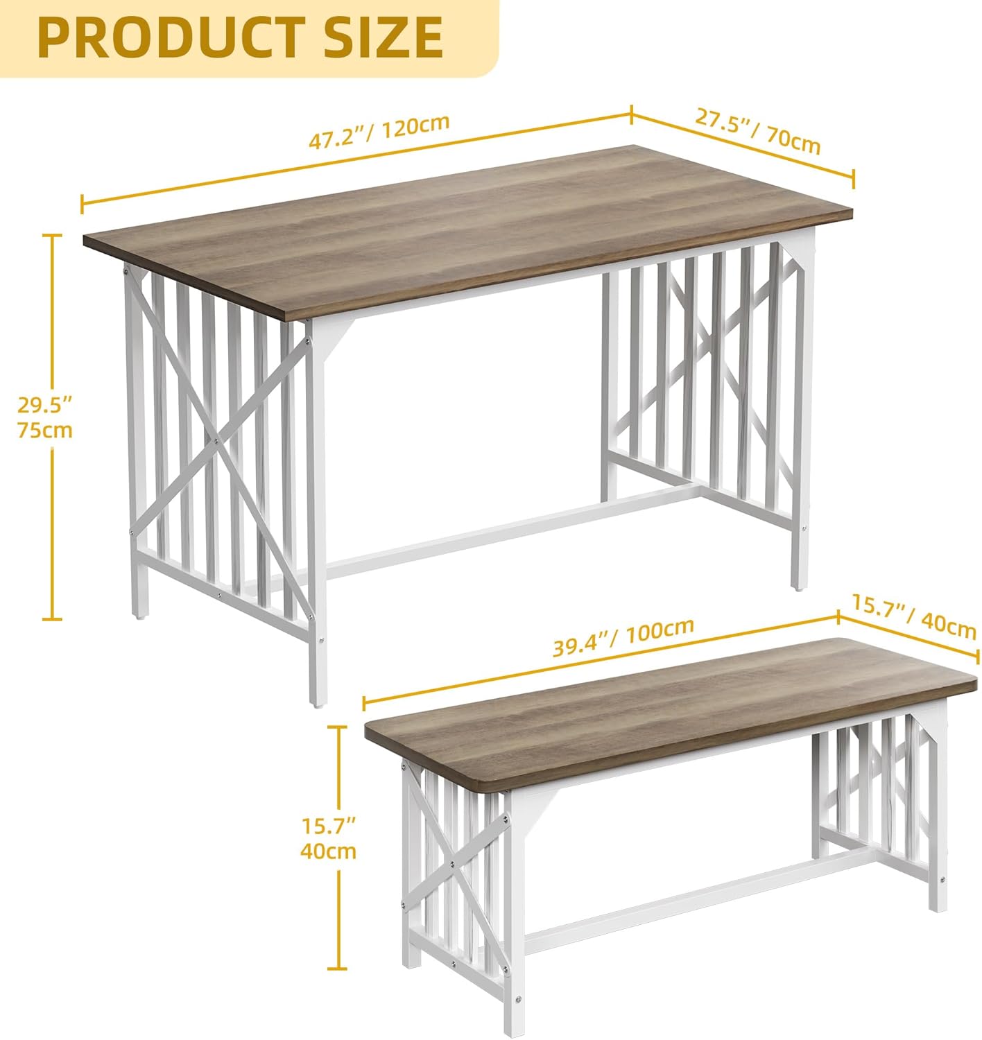 DWVO 3-Piece Kitchen Table with 2 Bench 47.2 Inch Dining Table Set for 4 People Bench Dining Table Set Industrial Rectangular Dining Room Table Set with Storage for Kitchen Dining Room Grey
