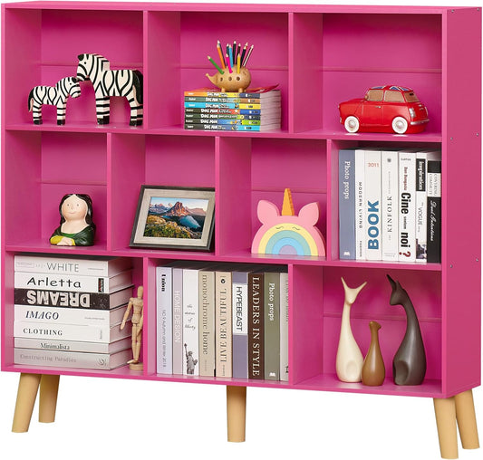 LEYAOYAO 10 Cube Bookshelf,3 Tier Modern Wide Bookcase with Legs,Mid-Century Wood Bookshelves Storage，Pink Large Book Case,Freestanding Organizer Display Shelf for Bedroom,Living Room,Office