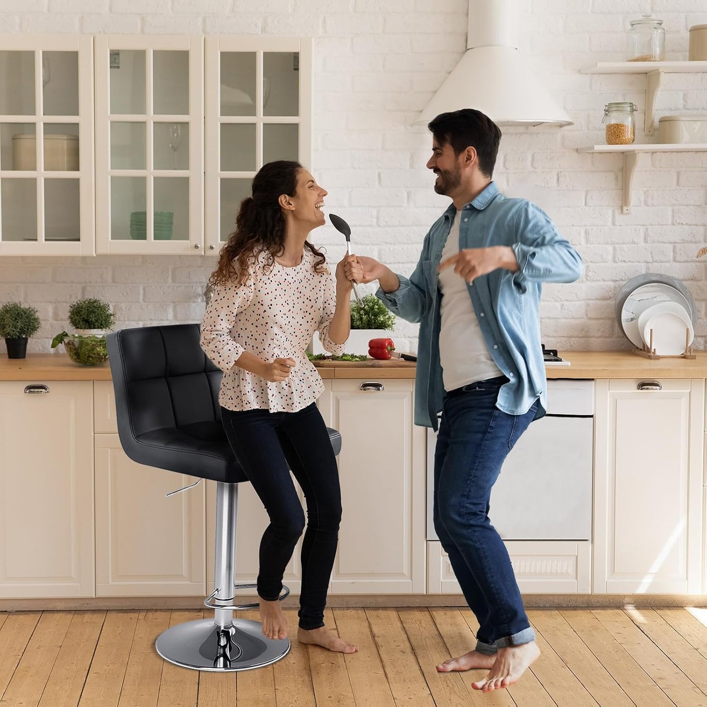 DUMOS Bar Stools Set of 2, Armless Adjustable Swivel Barstools, PU Leather Hydraulic Kitchen Counter Height Bar Stools, Thickened Seat Cushion Square Island Barstools with Back, Inky