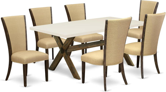 East West Furniture X727VE703-7 7 Piece Modern Dining Table Set Consist of a Rectangle Wooden Table with X-Legs and 6 Brown Linen Fabric Upholstered Parson Chairs, 40x72 Inch, Multi-Color
