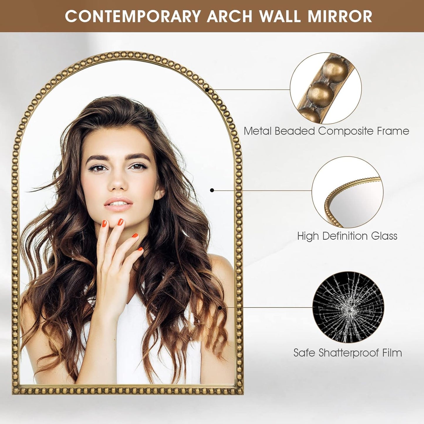 Arched Wall Mirror for Bathroom - 24"x36" Metal Beaded Frame Decorative Accent Mirror, Large Modern Rustic Distressed Hanging Wall Decor for Washroom, Bedroom, Living Room, Entryway, Antique Gold