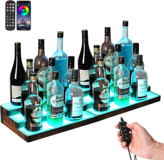 2 Pack 16 Inch LED Lighted Liquor Bottle Display Shelf, 3 Tier LED Bar Shelves, RGB Acrylic Bar Shelf with RF & App Control, 7 Colors, Music Sync& 1-4H Timming, Wine Rack Stand for Bar, KTV, Party