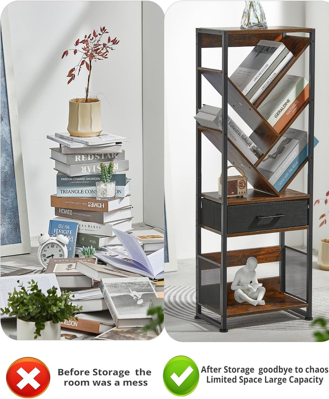 Bookshelf with Drawer,8 Tier Tree Bookcase Retro Floor Standing Bookshelves,Tall Wood Bookcases with Cabinet Storage Organizer for Living Room, Bedroom & Home Office, Classic