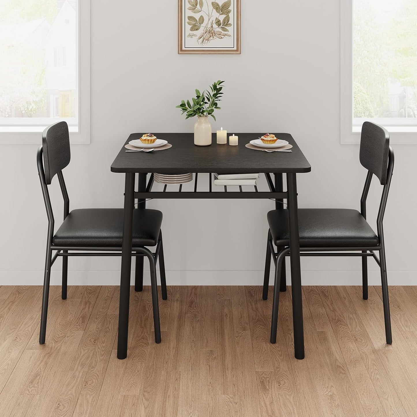 3-Piece Dining Table Set for 2, Wood Kitchen Table Set with Built-in Storage Rack,Small Kitchen Table with Upholstered Chairs and Metal Frame for Small Spaces，Black Wood Grain Color