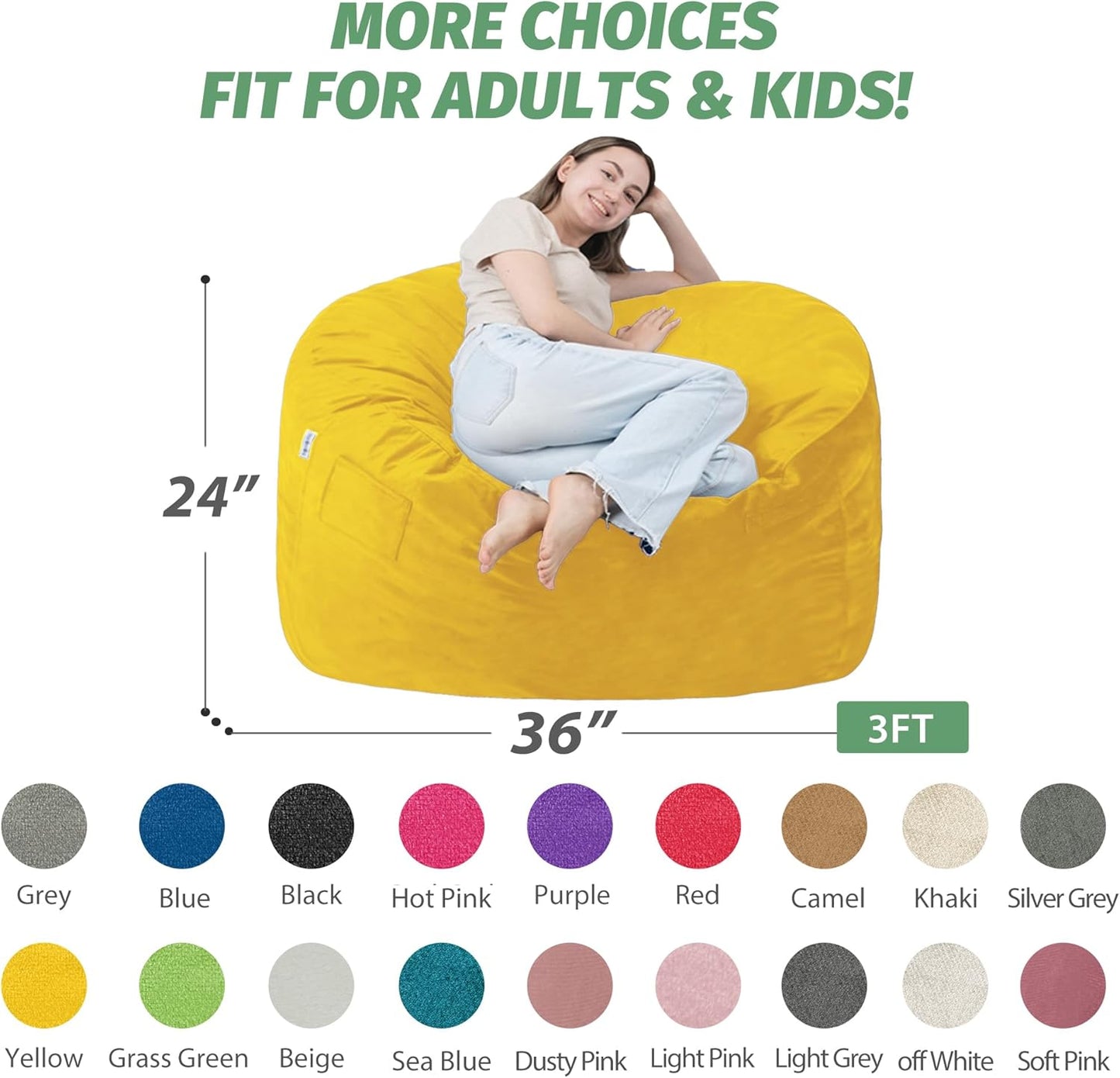 3FT Bean Bag Chair with Ultra Soft Velvet Cover Bean Bag Sofa with Memory Foam Bean Bag Chairs with Large Size Lazy Sofa for Dorm Office Living Room Bedroom Yellow 3'