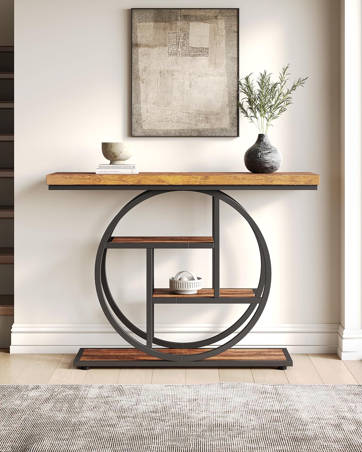 LITTLE TREE Console Table, 4-Tier Entryway Table, 41.3-Inch Industrial Sofa Table for Living Room, Foyer Hallway Table for Entrance, Rustic Brown and Black