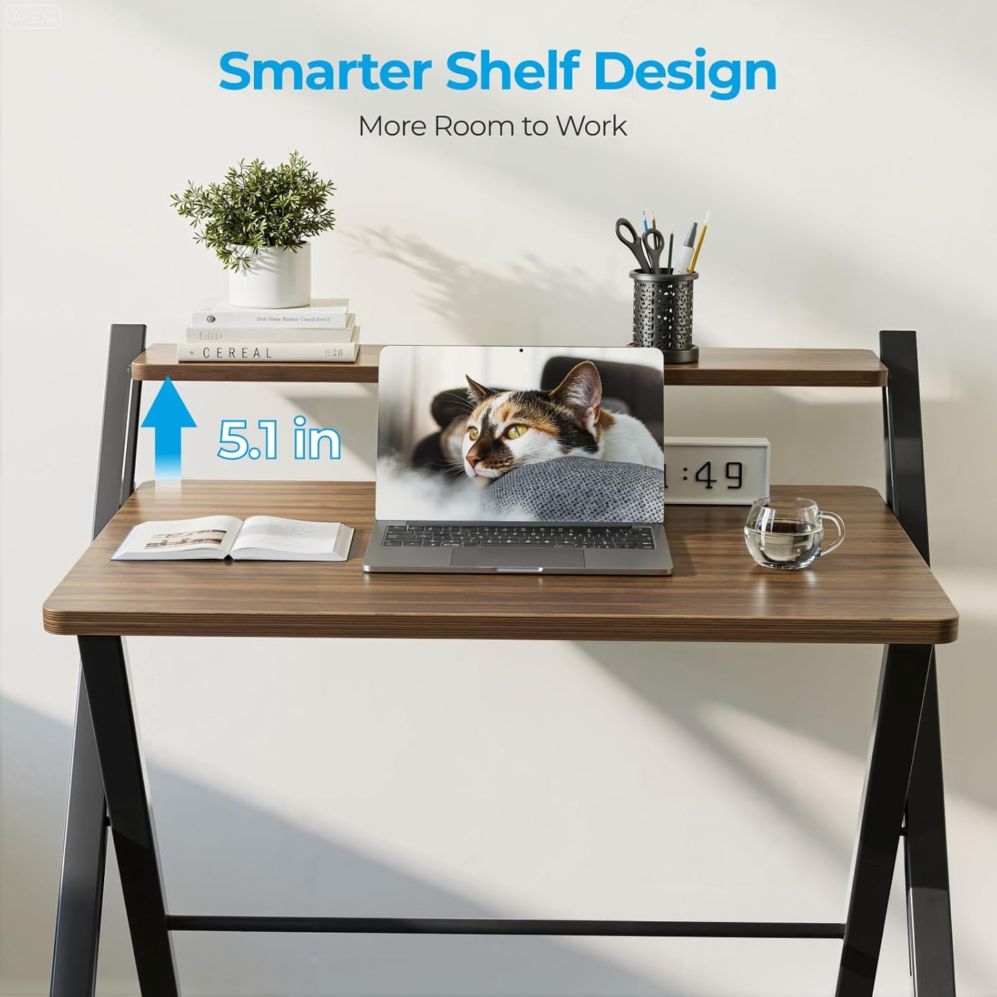 GreenForest No Assembly Folding Desk, 2-Tier Compact Computer Desk with Shelf, 30 inch Space Saving Foldable Table for Home Office, Dorm or Apartment, Portable Collapsible Sturdy Laptop Desk, Espresso