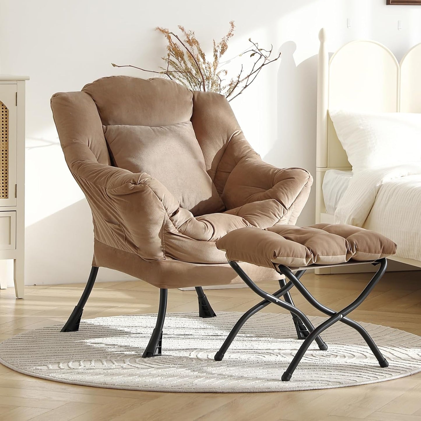 Lazy Chair with Ottoman, Reading Chair with a Pillow, Leisure Sofa Armchair with Ottoman, Large Accent Lounge Chair for Bedroom, Living Room, Dorm Room, Velvet Khaki