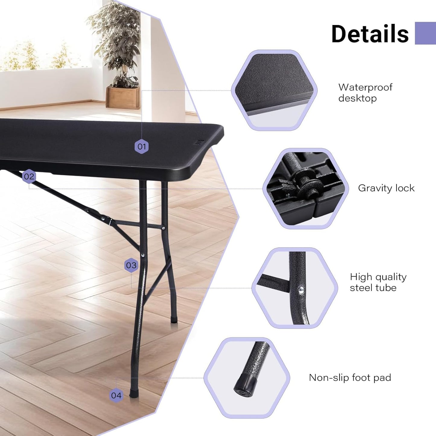 Folding Table 6ft Portable Heavy Duty Plastic Fold-in-Half 6 Foot Foldable Table Utility Dining Indoor Outdoor for Camping Picnic and Party, Black
