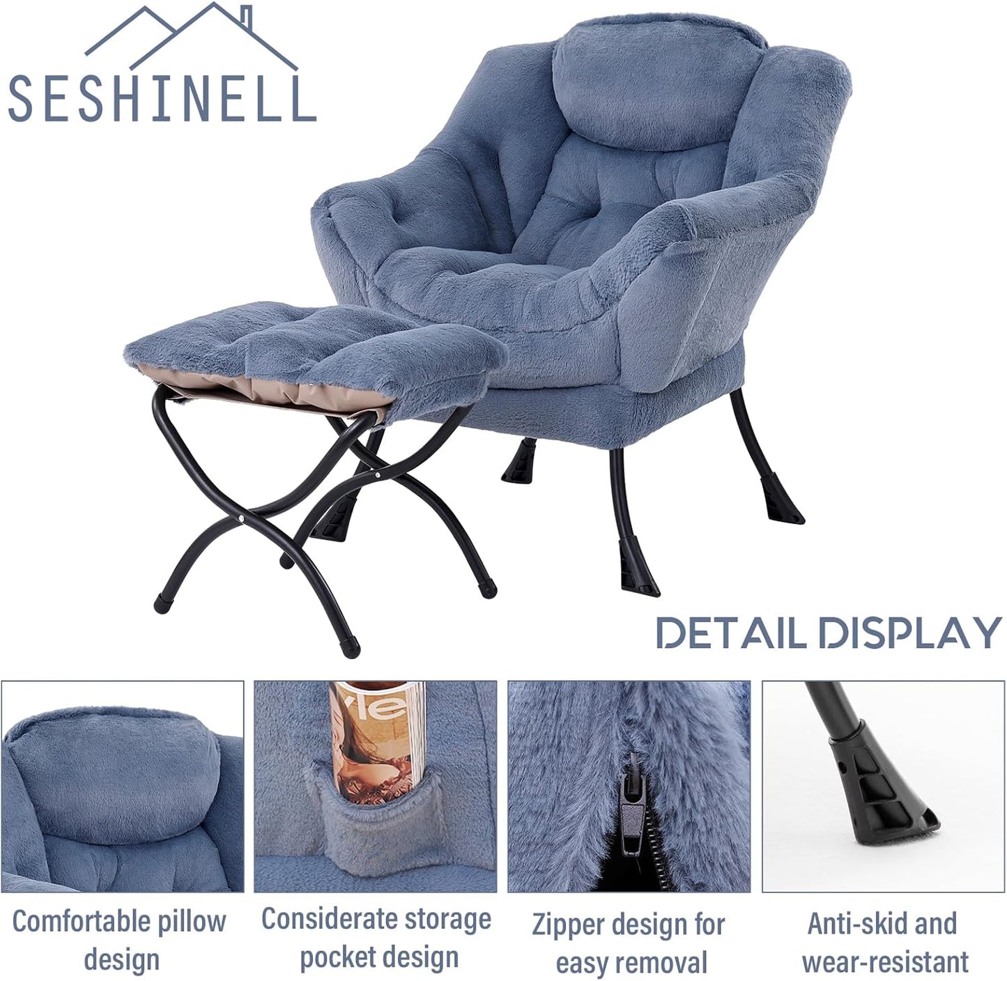 Lazy Chair with Ottoman, Modern Accent Chair Contemporary Lounge Leisure Sofa Chair with Armrests, Reading Chair and Folding Footstool Set for Living Room, Bedroom, Office